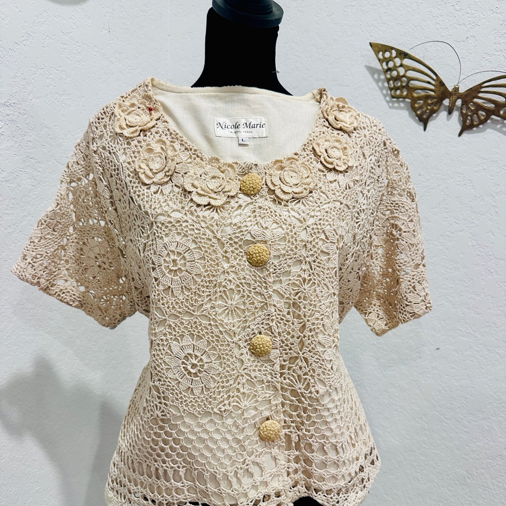 Beige Crochet Button-Front Blouse